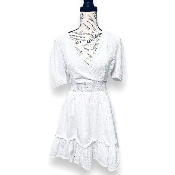 Lulus L White Lace Mini Dress V-Neck Ruffle Hem Bridal Wedding Guest Sundress - Picture 2 of 12